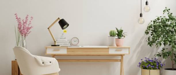 Office desk interior with mockup white wall,3d rendering